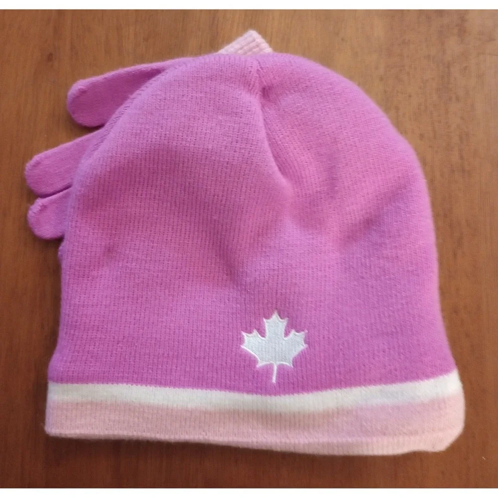 Canada 2-PC Stone Age Kids Beanie Knitted Moose Pink Hat & Gloves Set Girls NWT